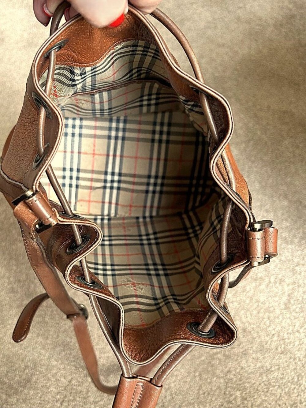 BURBERRY Calfskin Drawstring Bucket Bag, British Tan - Picture 11 of 13